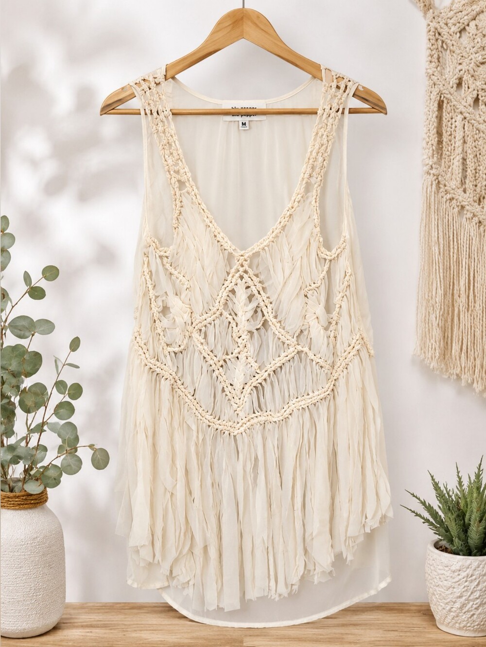 Blu Pepper Cream Crochet Fringe Tank Top